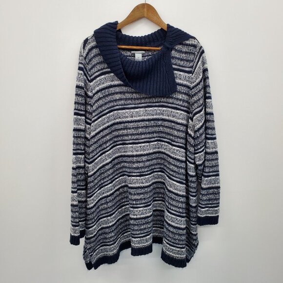 Catherines 2X Sweater Striped Knit Cowl Neck Pullover Navy Gray Plus Size Cozy - Picture 2 of 14
